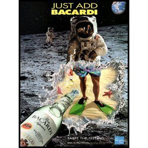 1994 Bacardi Rum Vintage Print Ad Astronaut Moon Landing Beach Flippers Wall Art